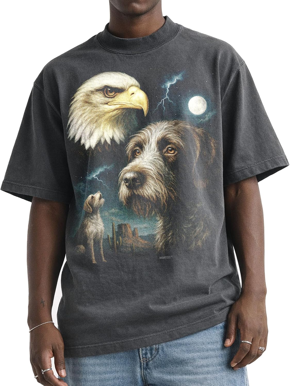Shaka Wear Dog & Bald Eagle Thunder Tshirt - Faded Max-Heavyweight 7.5oz Oversized & Boxy - Wiredhaired Pointing Griffon