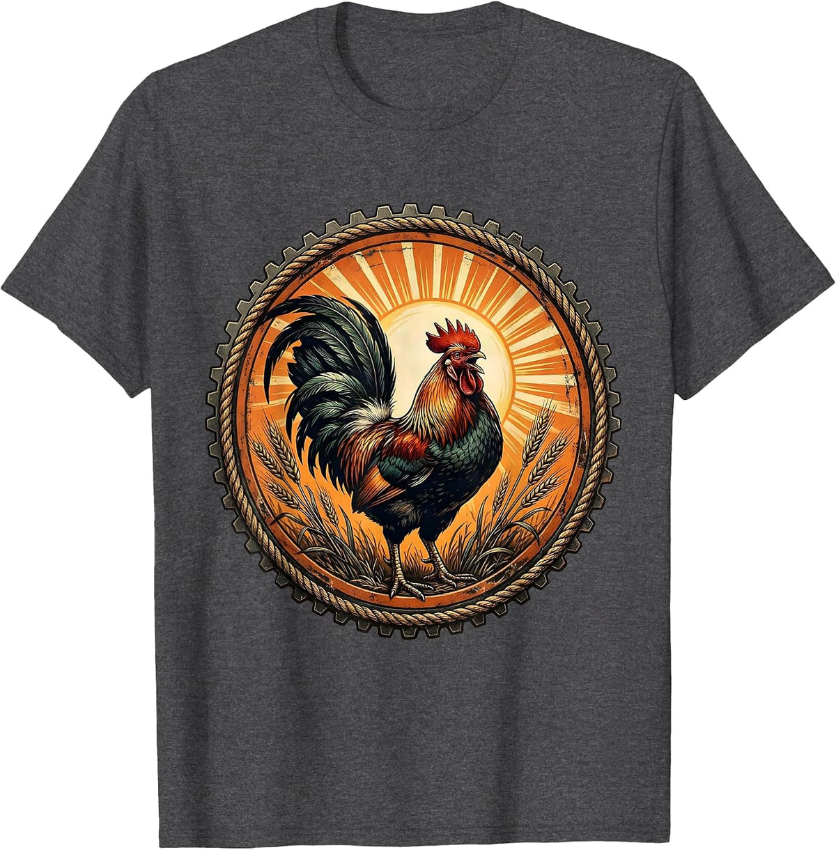 Rooster Crowing at Blazing Sunrise Illustration T-Shirt - Dark Heather Grey