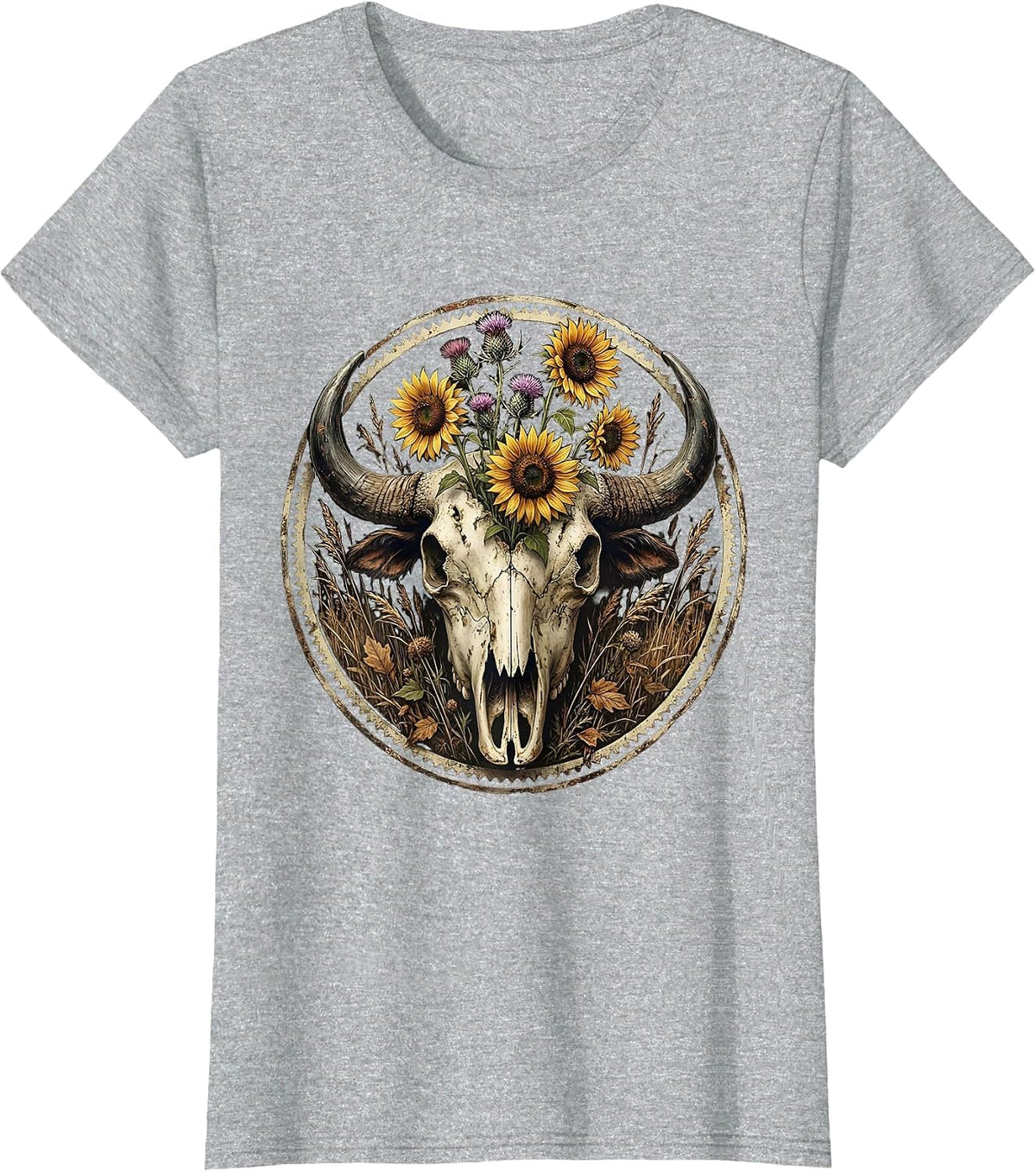 Buffalo Skull Wildflowers Freedom Graphic Design T-Shirt - Heather Grey