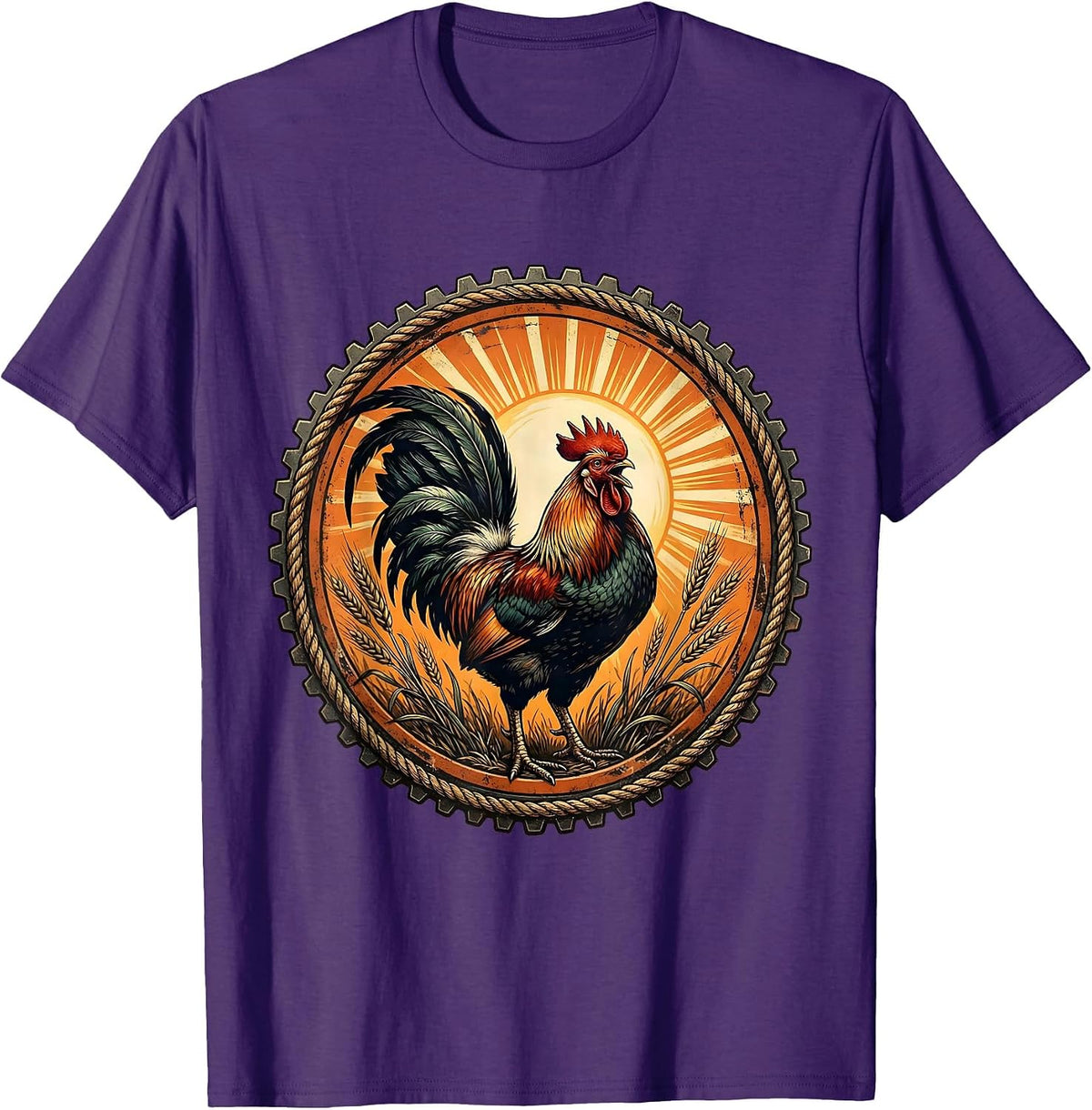 Rooster Crowing at Blazing Sunrise Illustration T-Shirt - Purple
