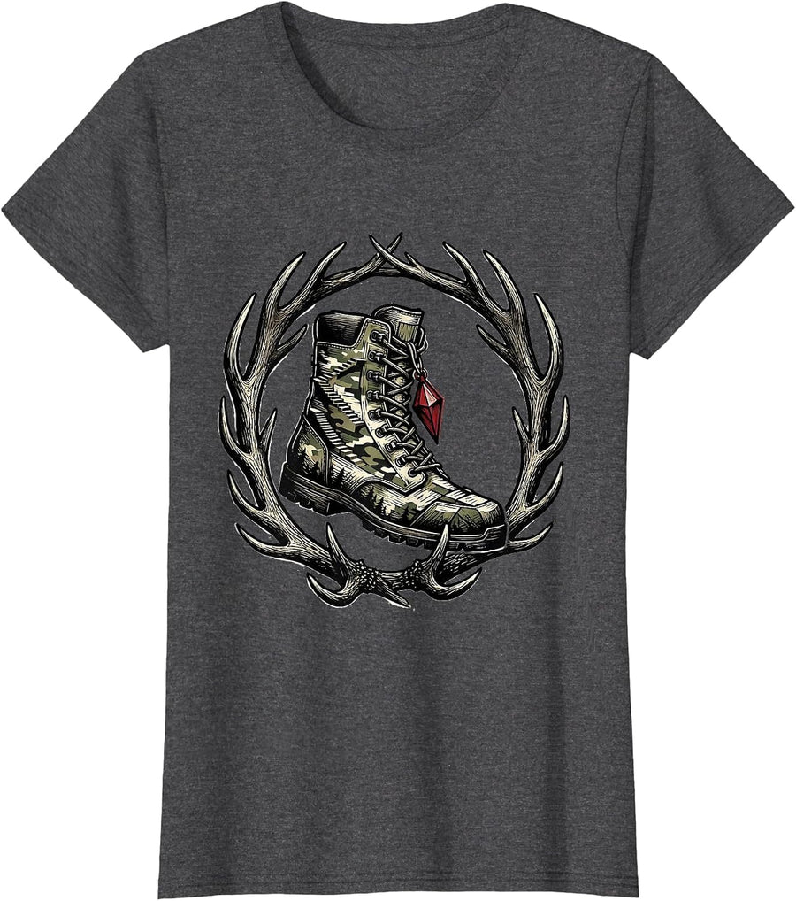 Women's Hunting Boot Deer Antler Badge Christmas Camo Novelty T-Shirt - Dark Heather Grey