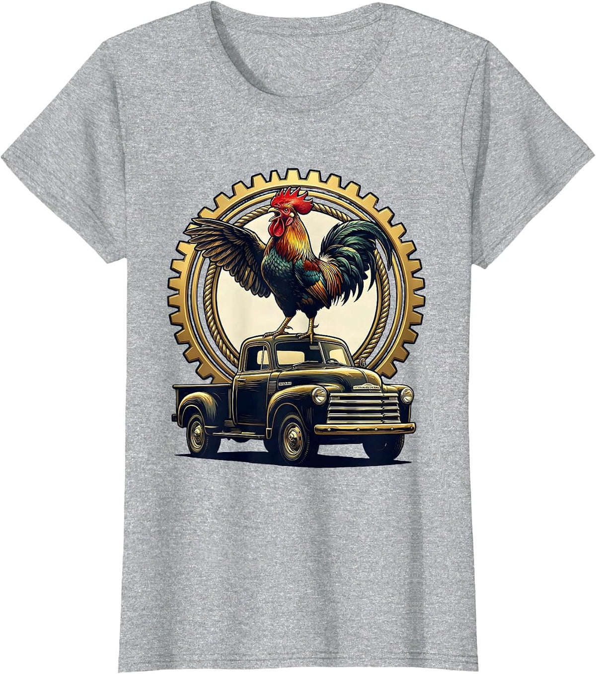 Women's Rooster Crowing Atop Old Pickup Truck T-Shirt - Heather Grey