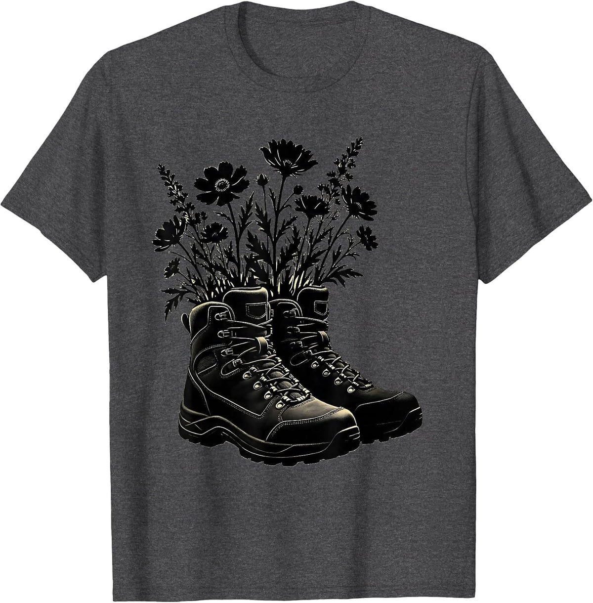 Wildflower Hiking Boots Camping Nature Graphic T-Shirt - Dark Heather Grey