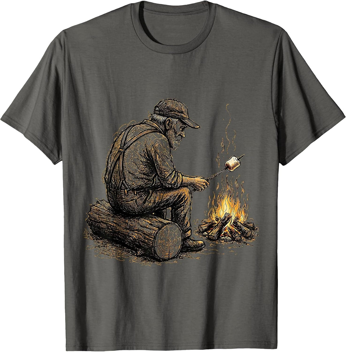 Retired Grandpa Campfire Marshmallow Roasting T-Shirt - Asphalt Grey