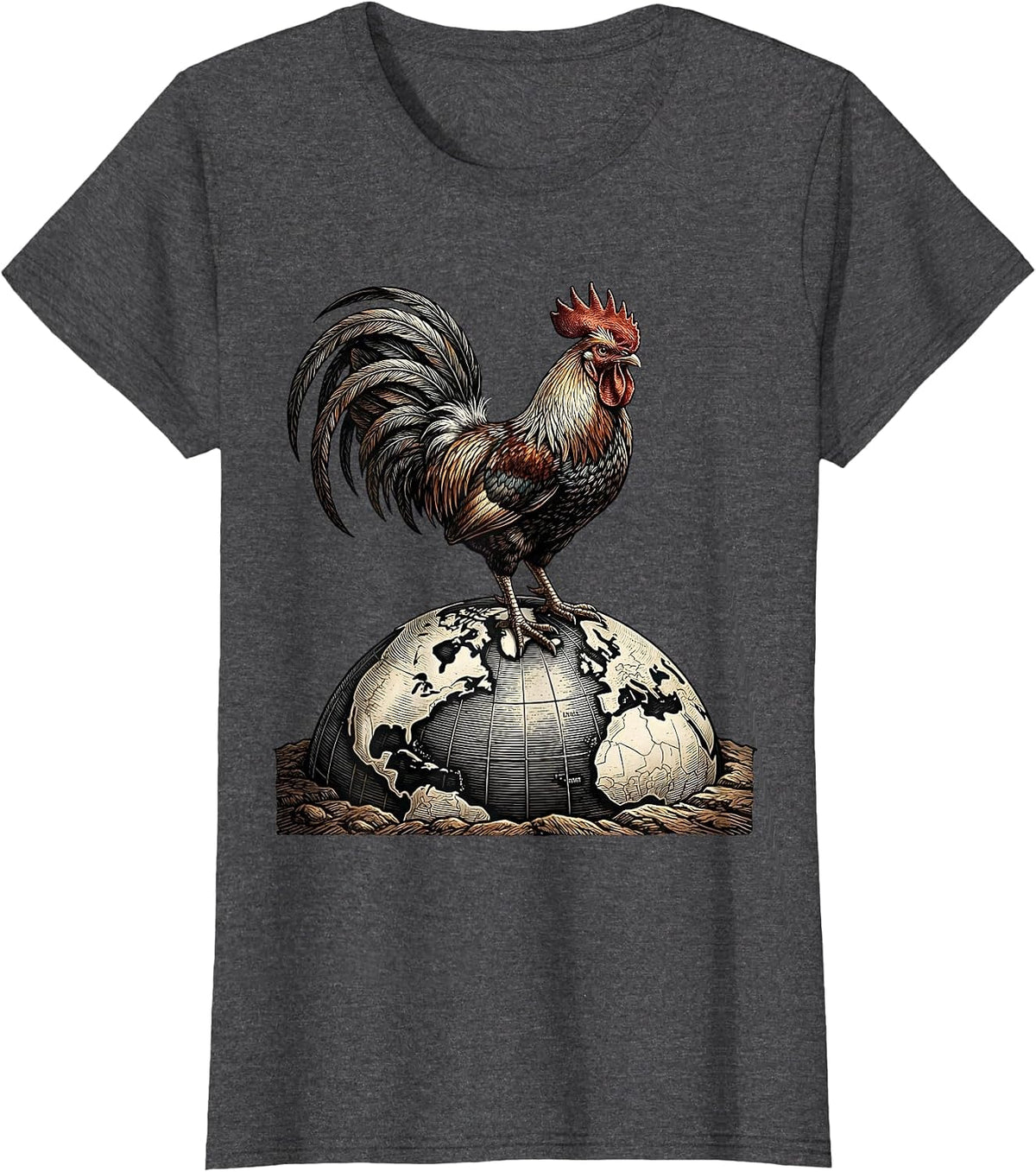 Women's Rooster on the Globe Graphic Design T-Shirt - Dark Heather Grey