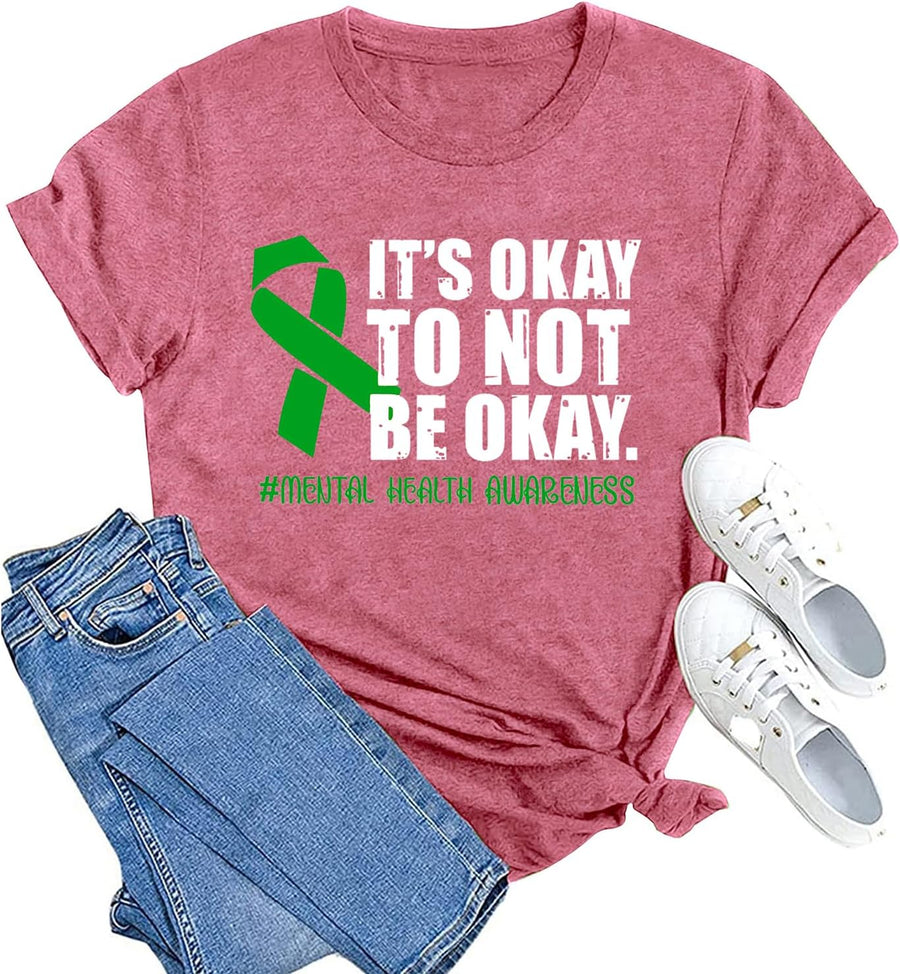 Womens Green Ribbon Awareness Shirts Mental Health Matters Tshirt Inspirational Tee Top - Pink