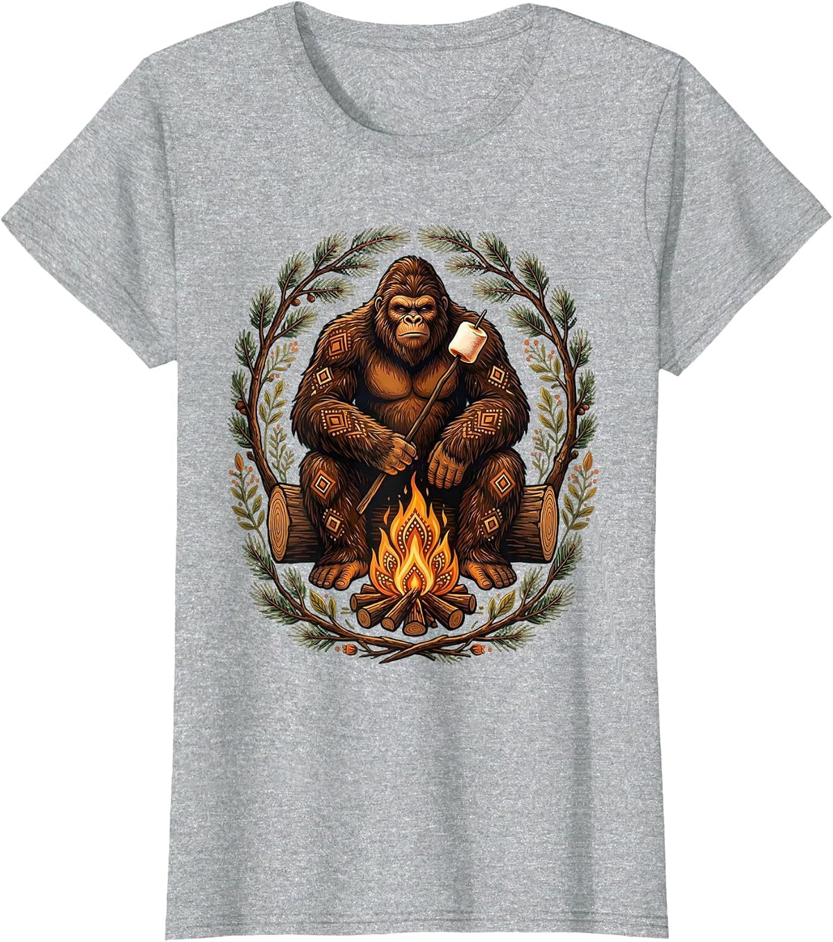 Sasquatch Roasting Marshmallow Over Campfire T-Shirt - Heather Grey