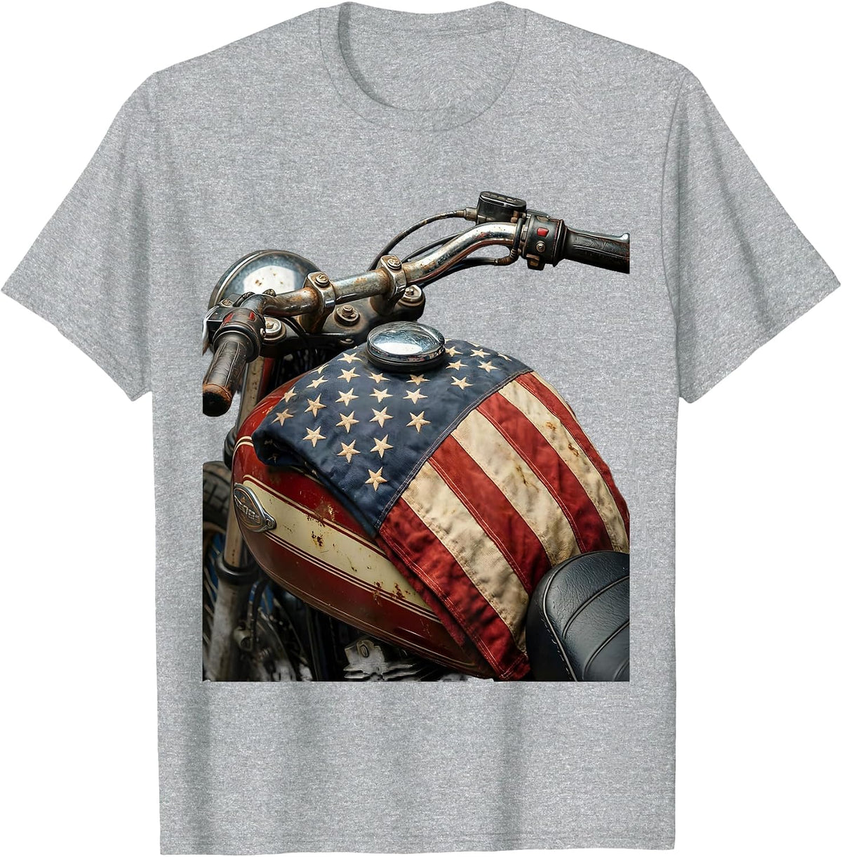 Men's American Flag Draped Motorcycle Gas Tank T-Shirt - Heather Grey