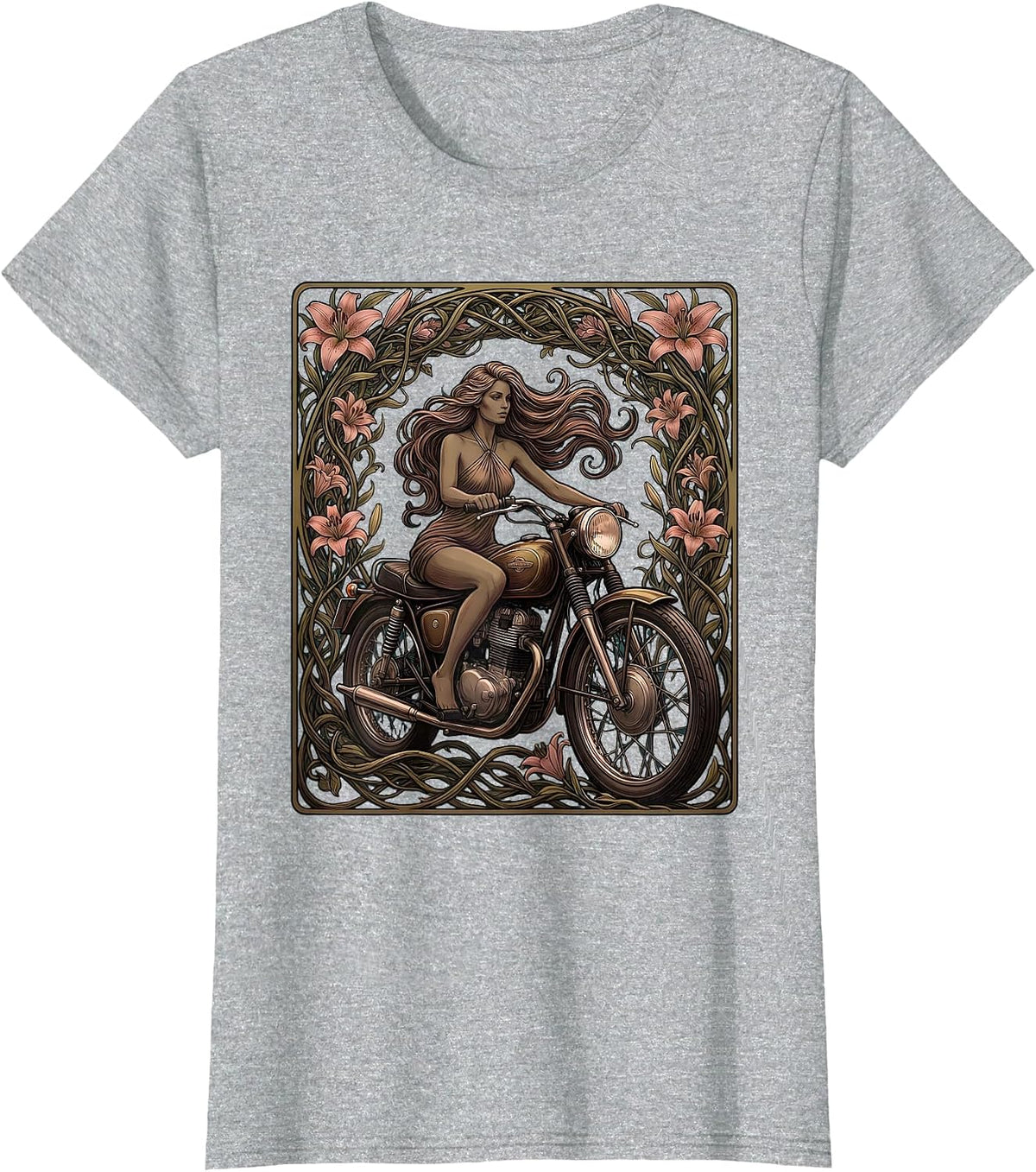 70s Biker Babe Halter Top Motorcycle Illustration T-Shirt - Heather Grey