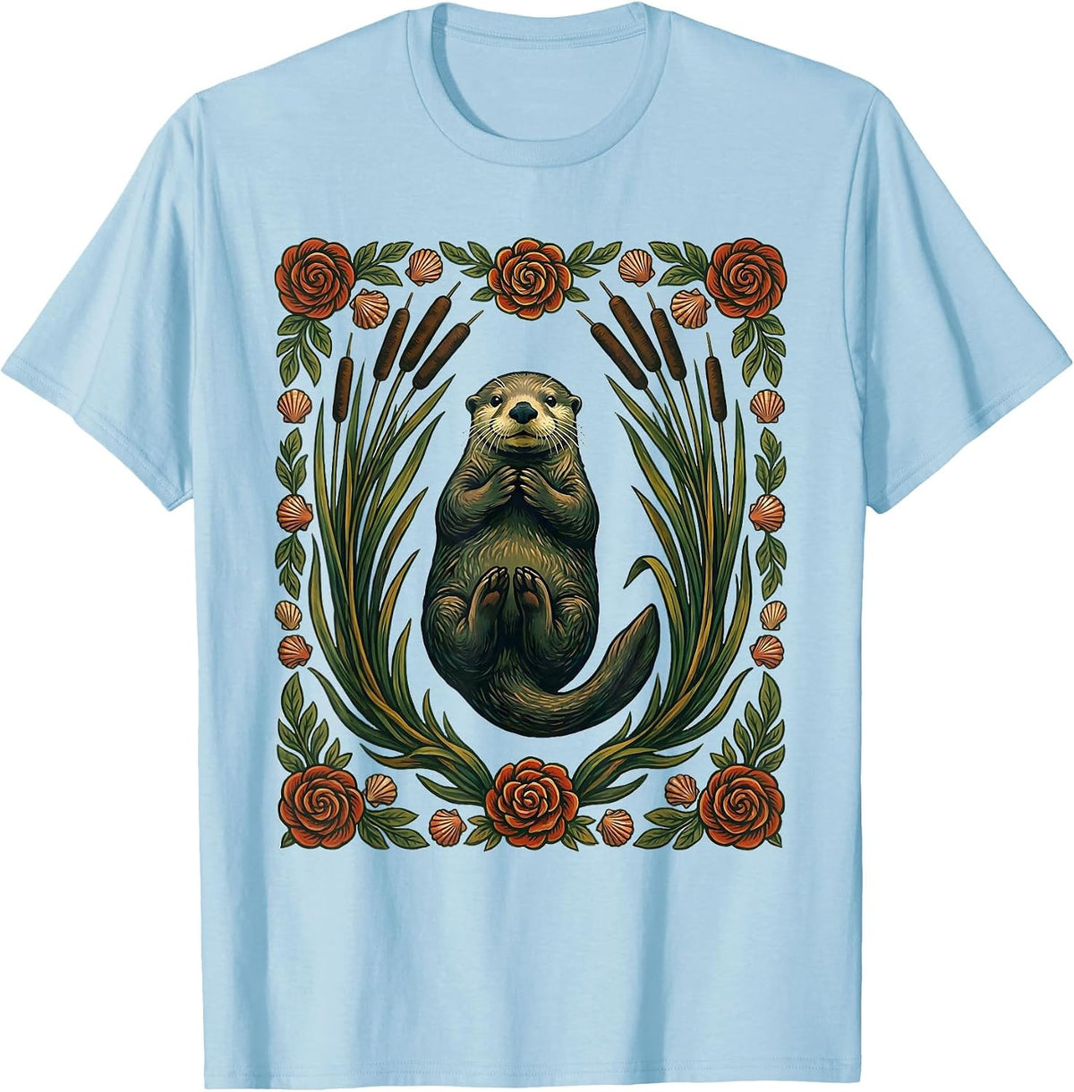 Men's Sea Otter Folk Art Floral Otter Lover Gift T-Shirt - Baby Blue