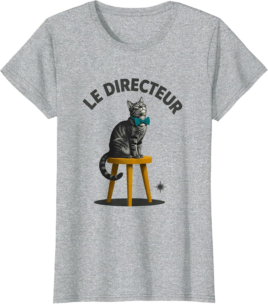 Le Directeur Midcentury Modern Funny Francophile Cat Gift T-Shirt - Heather Grey