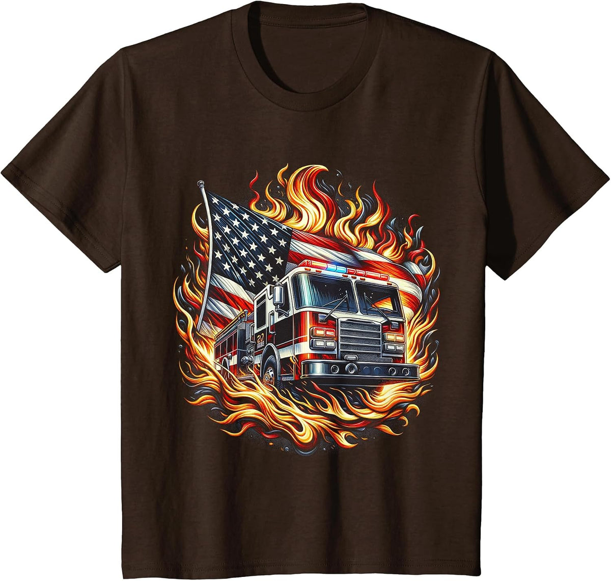 Firefighter Patriotic Fire Truck Fireman American Flag T-Shirt - Brown