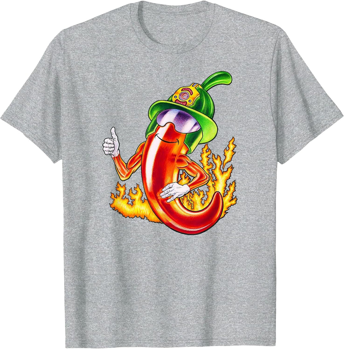 Spicy Firefighter Chili Cartoon Funny Fire Hero Drawing T-Shirt - Heather Grey