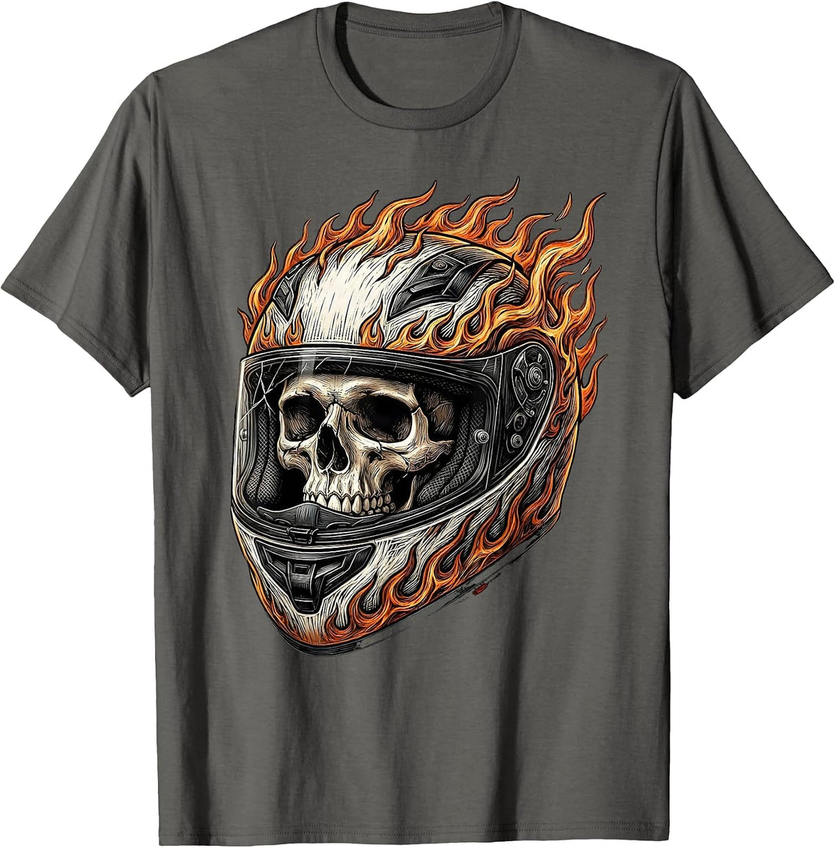 Men's Skull Motorcycle Helmet Flames Biker Graphic T-Shirt - Asphalt Grey