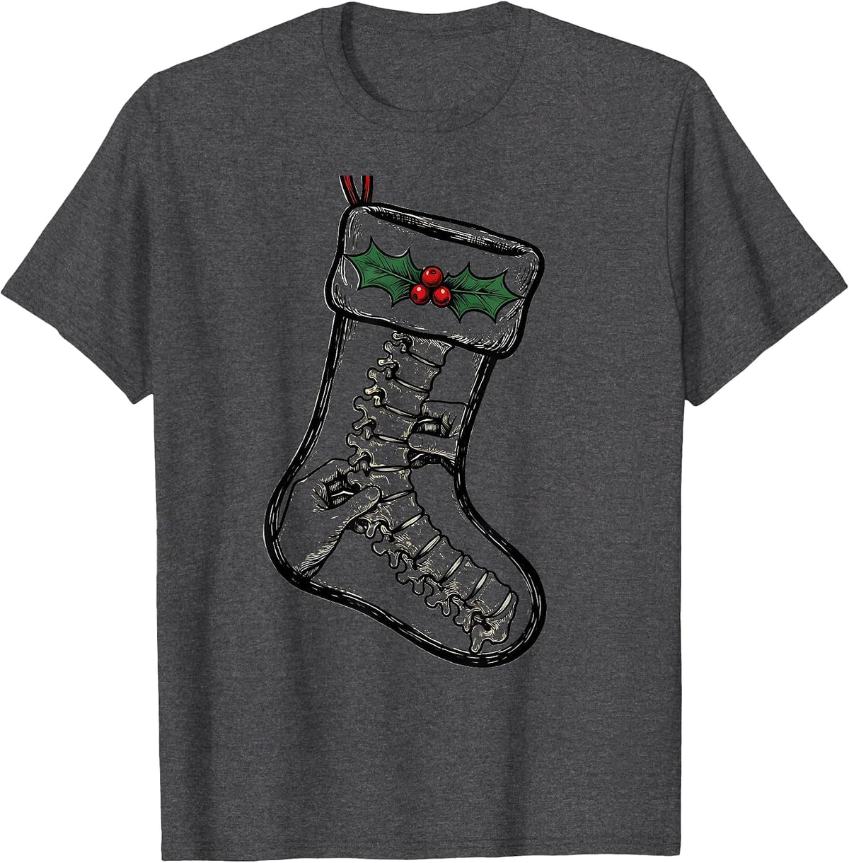 Men's Chiropractor Spine Christmas Stocking Holiday Humor T-Shirt - Dark Heather Grey