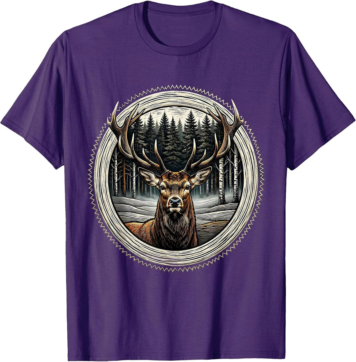 Deer in Foggy Forest Camping Wilderness Design T-Shirt - Purple