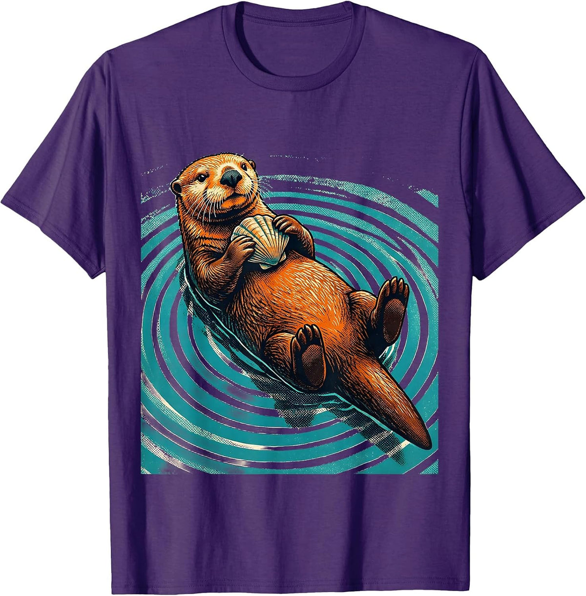 Men's Sea Otter Cracking Clam Graphic Design T-Shirt - Purple