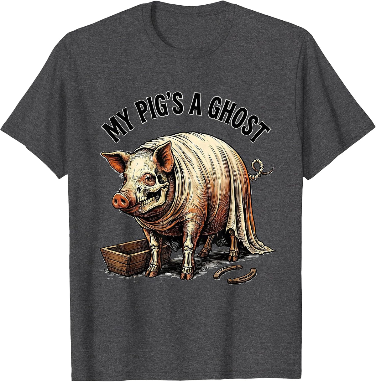 Men's My Pig's a Ghost Western Cowboy Skeleton Halloween Humor T-Shirt - Dark Heather Grey