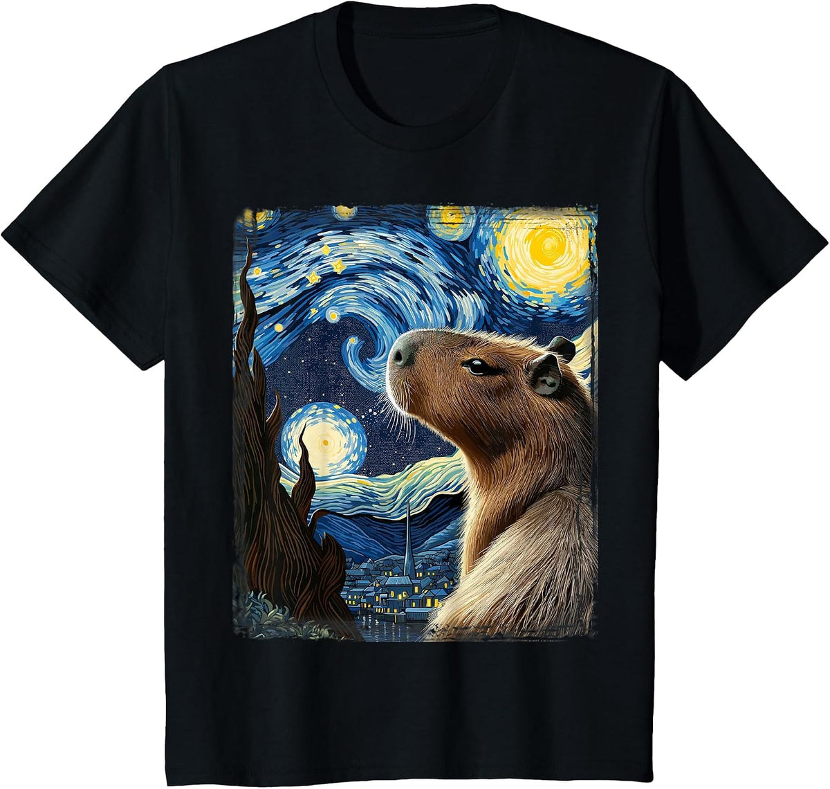 Van Gogh Style Starry Night Capybara T-Shirt - Black