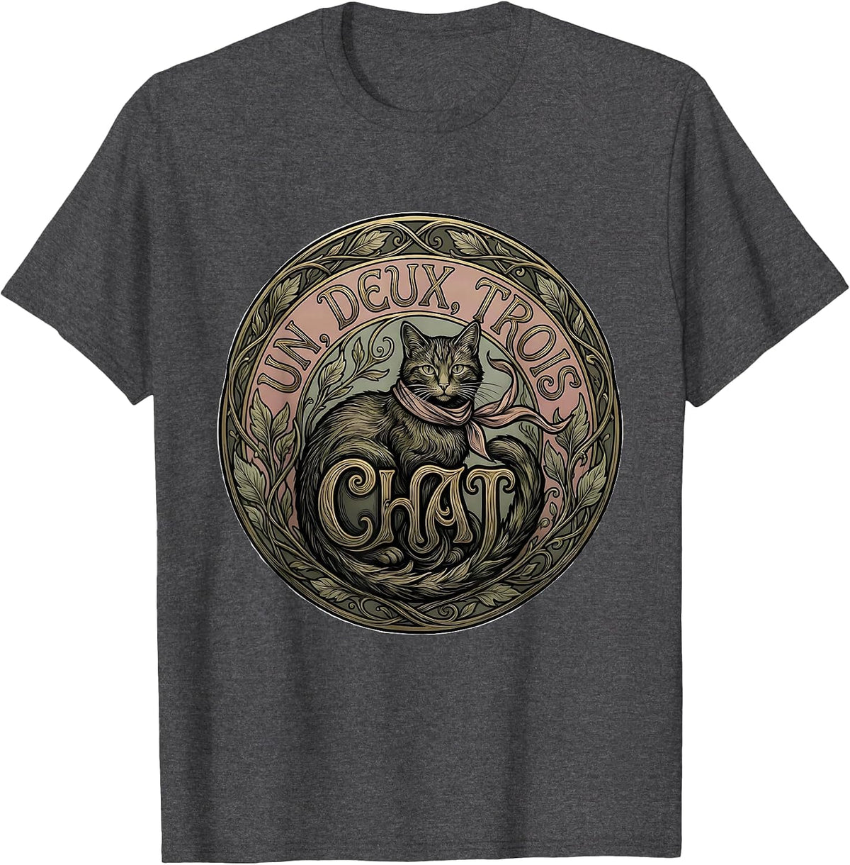 Un, Deux, Trois, Chat! Funny Francophile Cat Lover Art T-Shirt - Dark Heather Grey