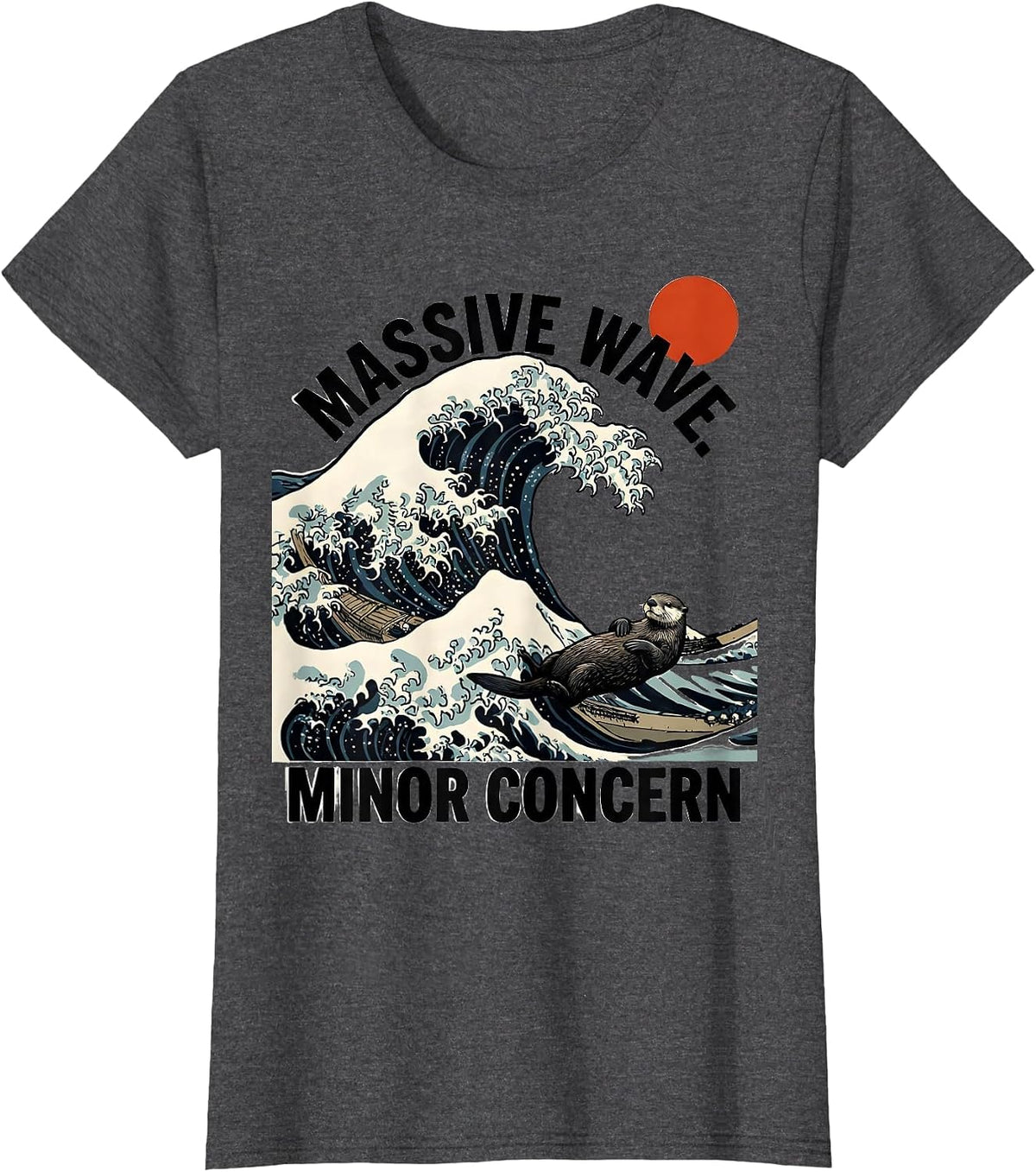 Women's Massive Wave Minor Concern Funny Sea Otter Japanese Art T-Shirt - Dark Heather Grey