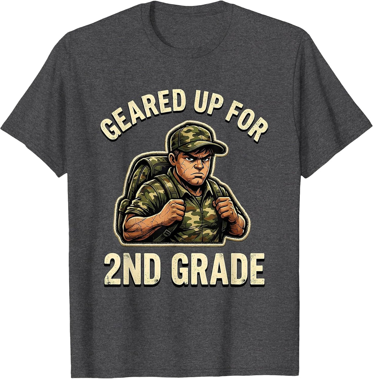 Geared Up For 2nd Grade Distressed Camo Back To School Boy T-Shirt - Dark Heather Grey