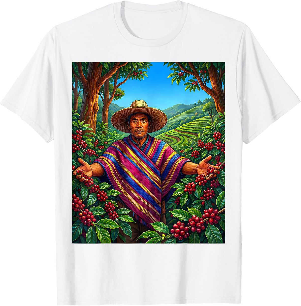 Men's Colombia Coffee Farmer Harvest Illustration T-Shirt - White
