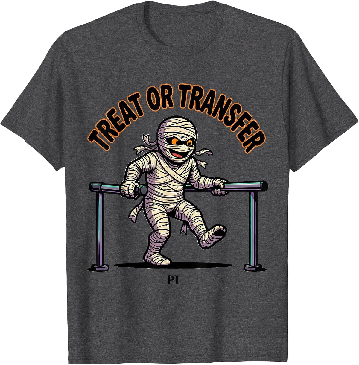 Treat Or Transfer PT Cartoon Halloween Physical Therapy T-Shirt - Dark Heather Grey
