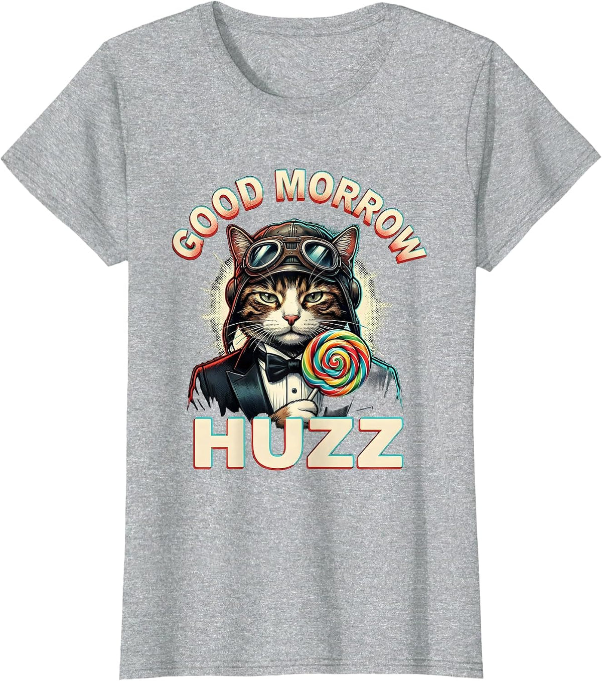 Good Morrow Huzz Pop Art Lollipop Cat Meme Humor T-Shirt - Heather Grey