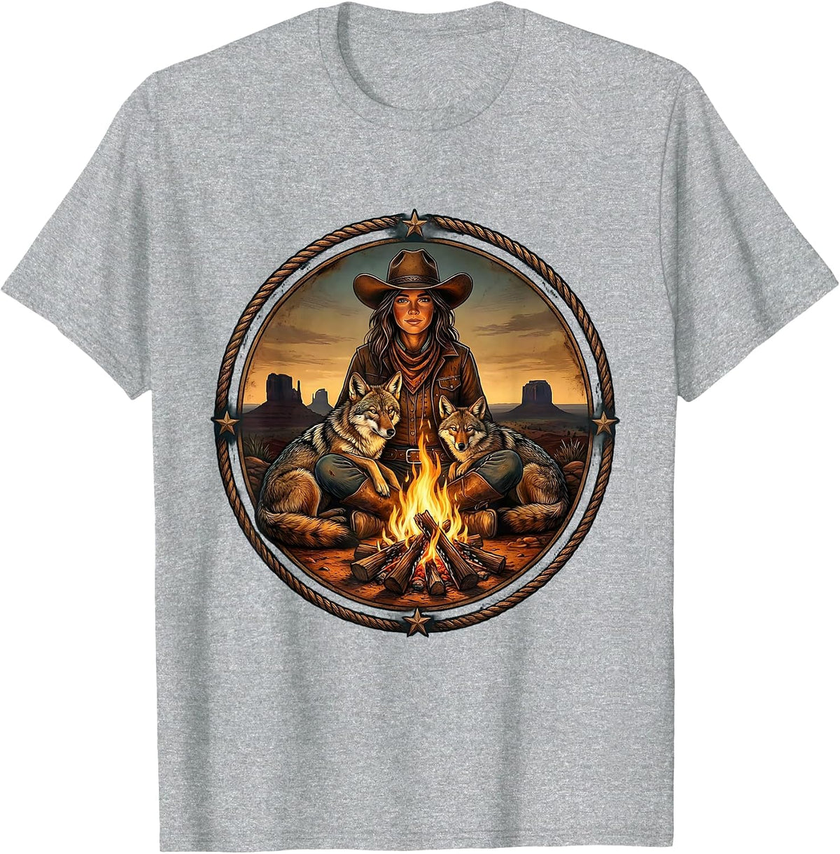 Men's Cowgirl Campfire Coyote Western Night Scene T-Shirt - Heather Grey