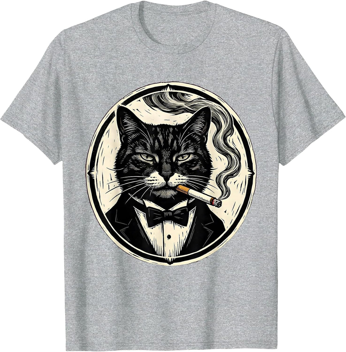 Men's Tuxedo Cat Smoking a Smoke Ring Illustration T-Shirt - Heather Grey