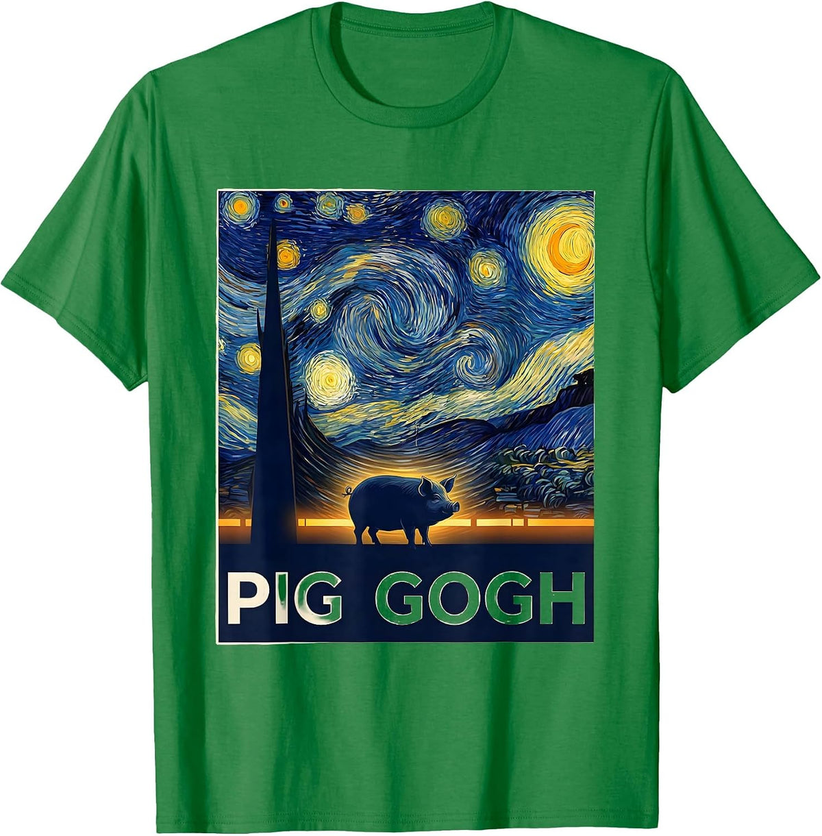 Men's Pig Gogh Flat Vector Art Parody Pet Lover Gift T-Shirt - Kelly Green