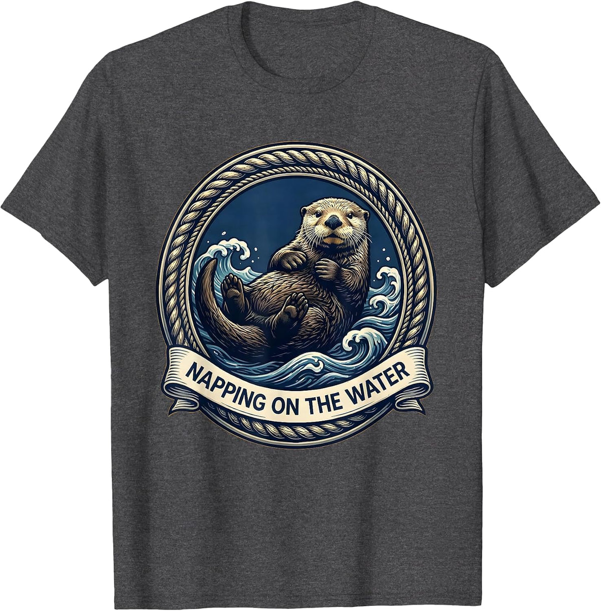 Men's Napping on the Water Sea Otter Design T-Shirt - Dark Heather Grey