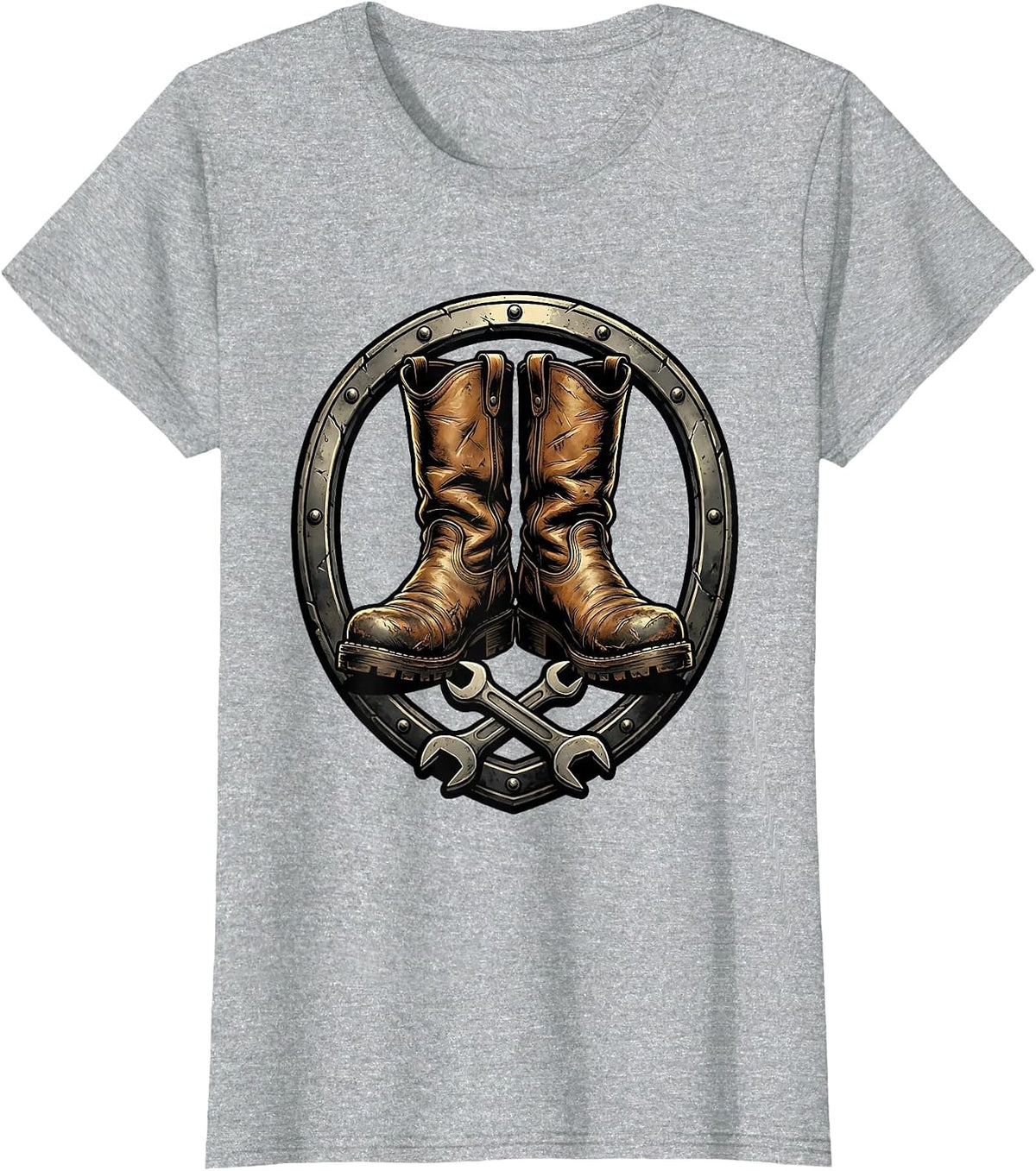 Worn Leather Riding Boots Motorcycle Graphic T-Shirt - Heather Grey