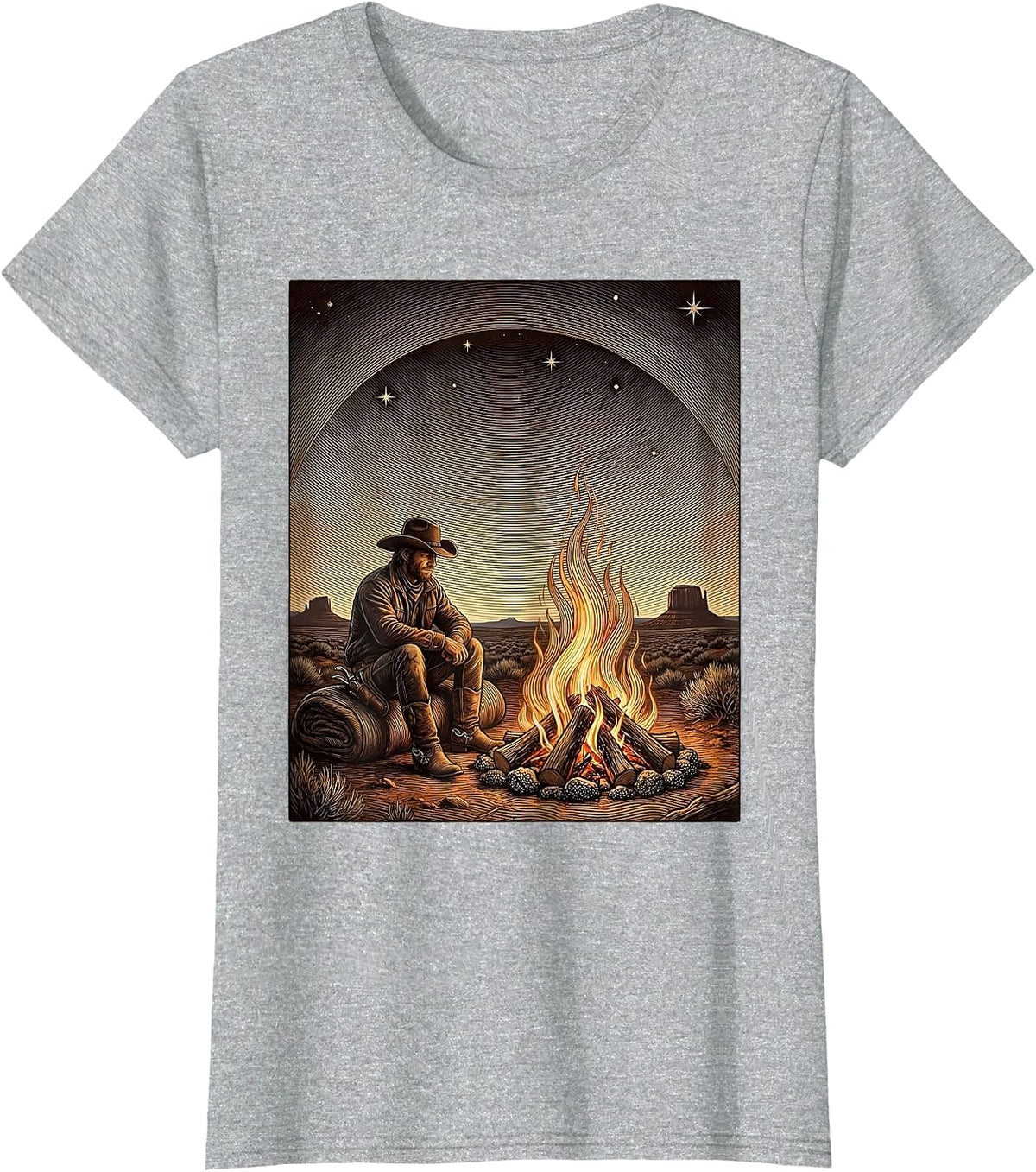 Women's Campfire Starry Night Western Wilderness Design T-Shirt - Heather Grey
