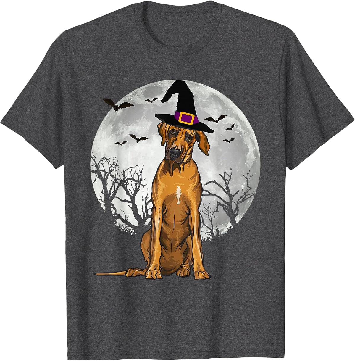 Scary Rhodesian Ridgeback Dog Witch Hat Halloween T-Shirt - Dark Heather Grey