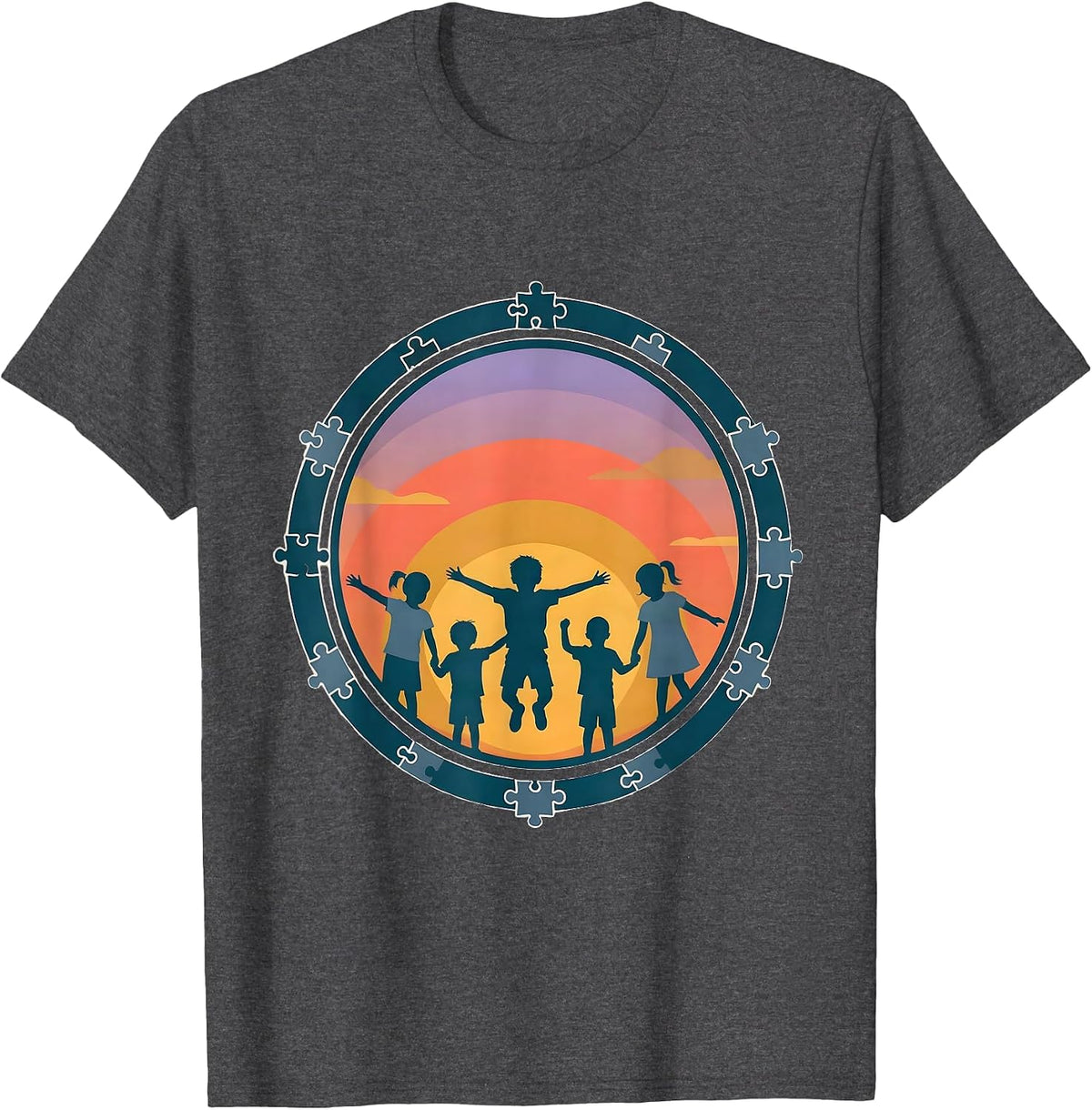 Men's Autism Awareness Diverse Children Sunset Silhouette T-Shirt - Dark Heather Grey