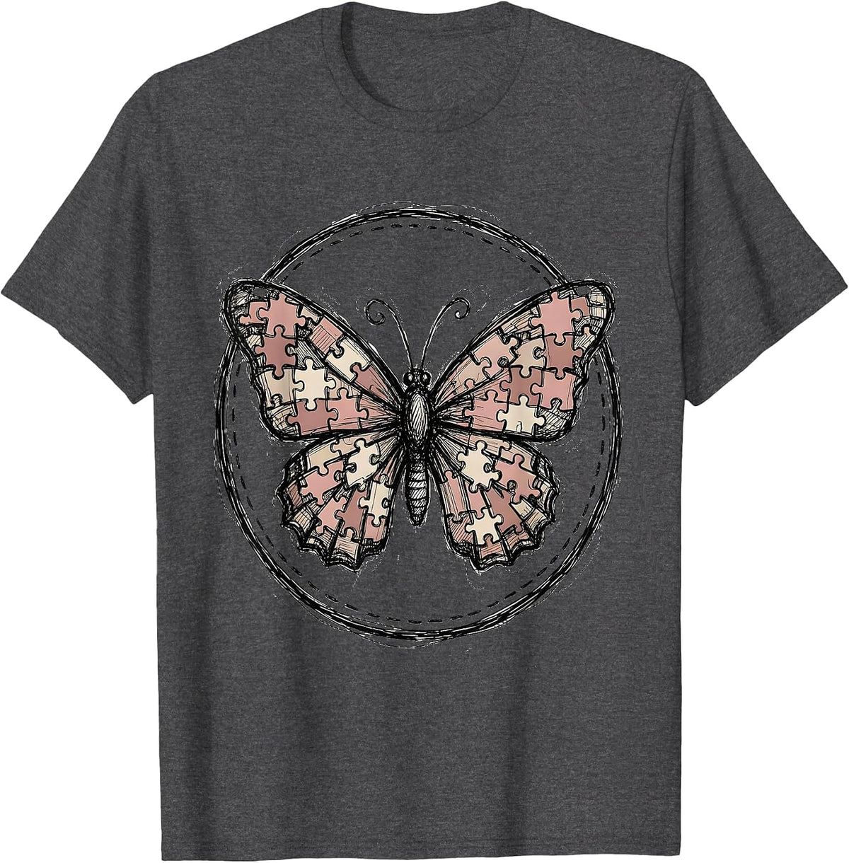 Men's Autism Awareness Butterfly Puzzle Piece Art T-Shirt - Dark Heather Grey