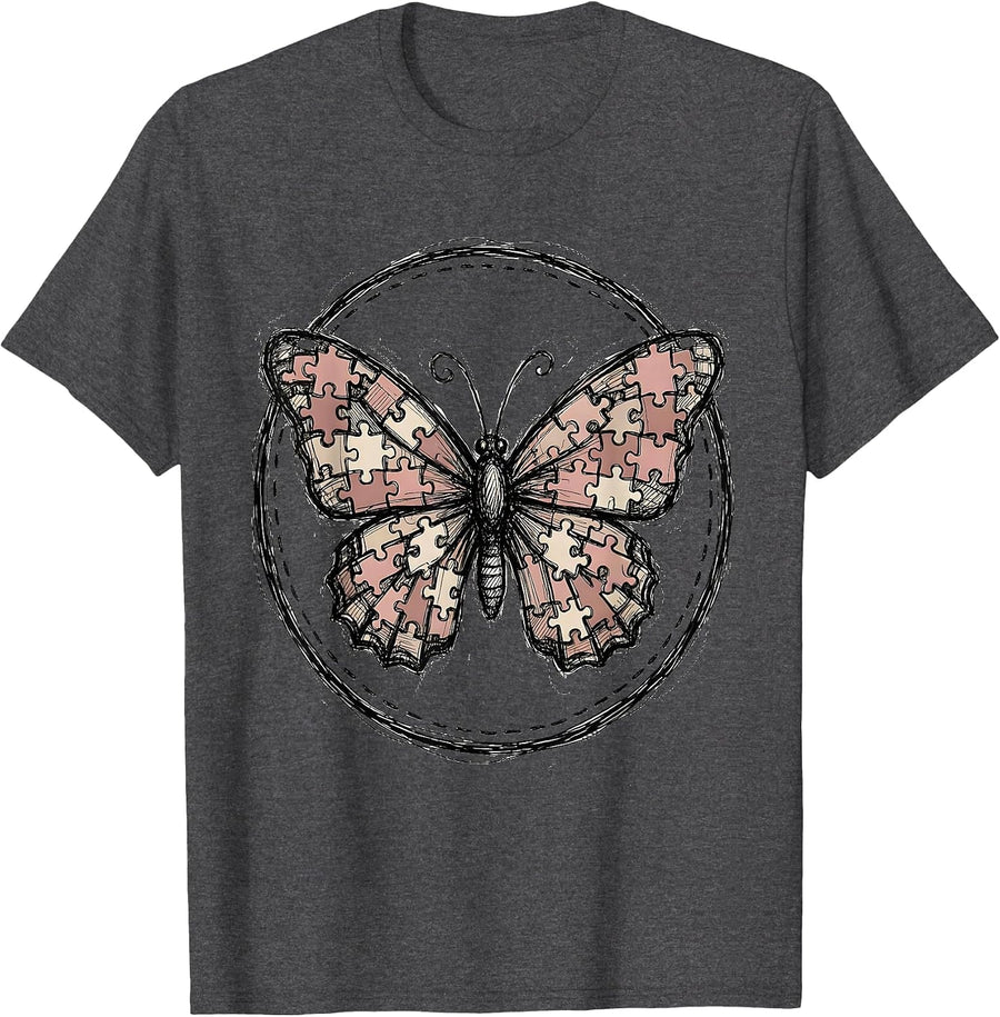 Men's Autism Awareness Butterfly Puzzle Piece Art T-Shirt - Dark Heather Grey