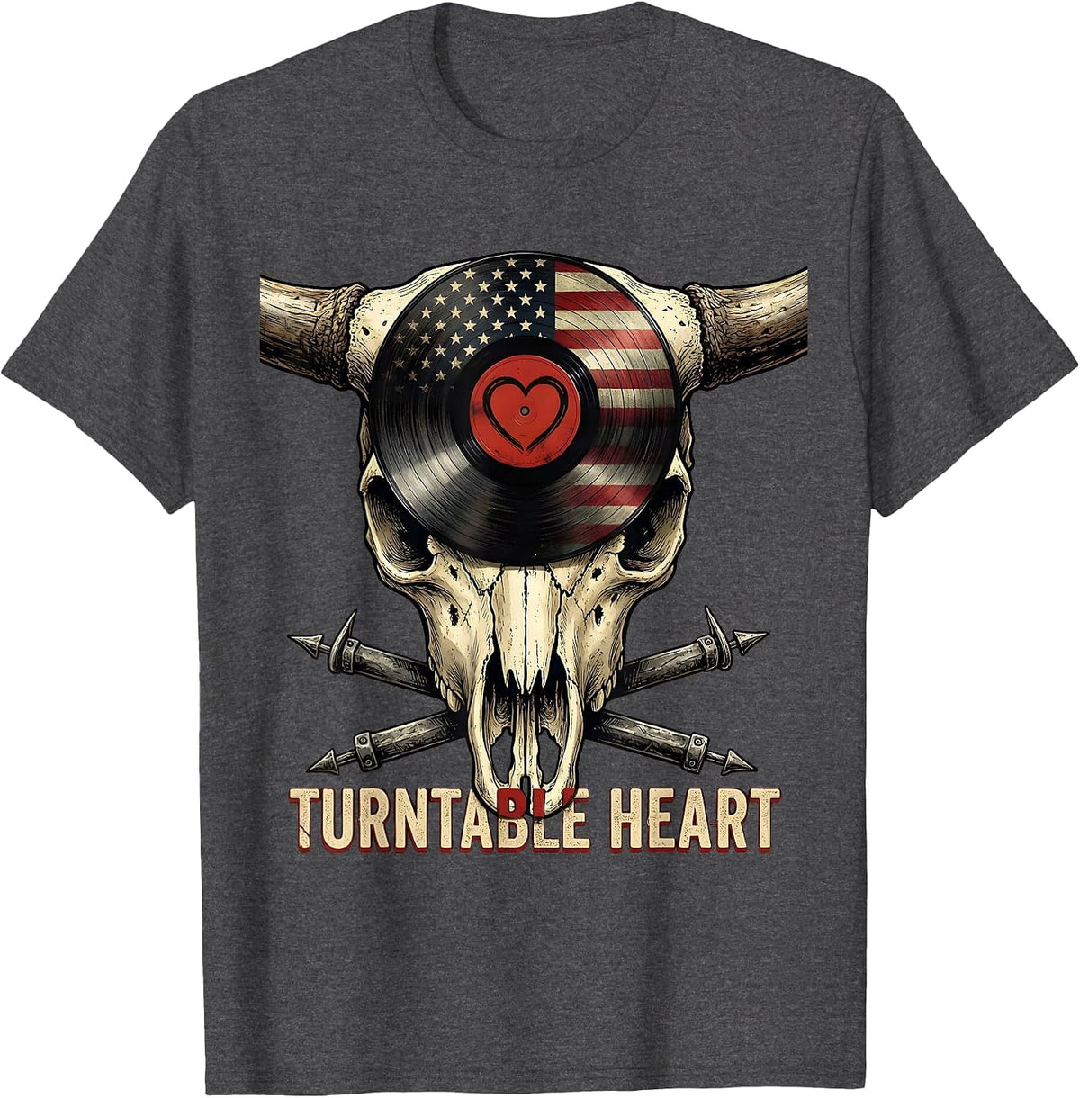 Turntable Heart Disco Groove Design T-Shirt - Dark Heather Grey