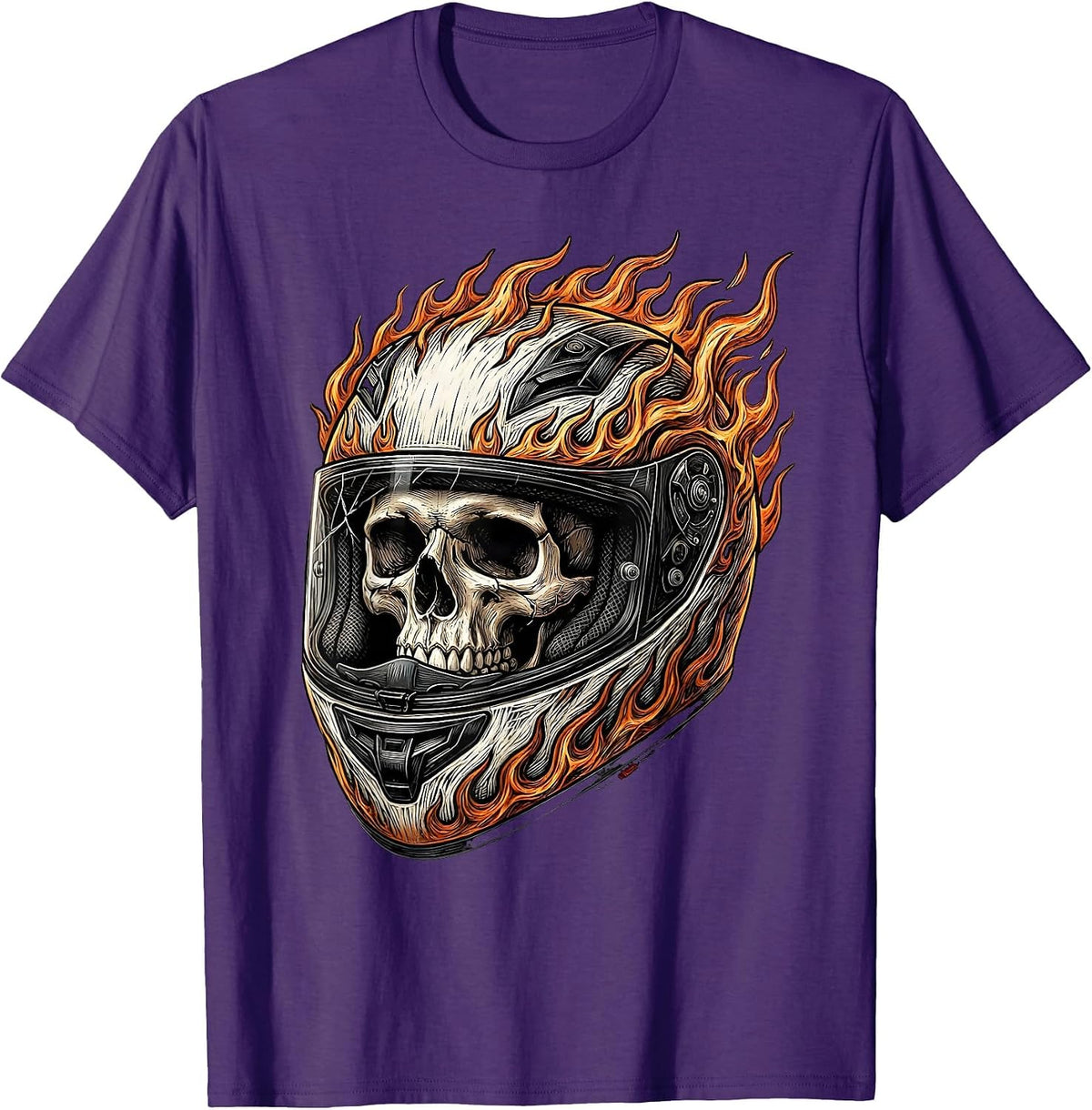Men's Skull Motorcycle Helmet Flames Biker Graphic T-Shirt - Purple