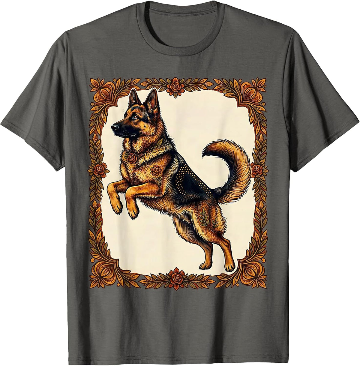 German Shepherd Mid-Leap Graphic Design T-Shirt - Asphalt Grey