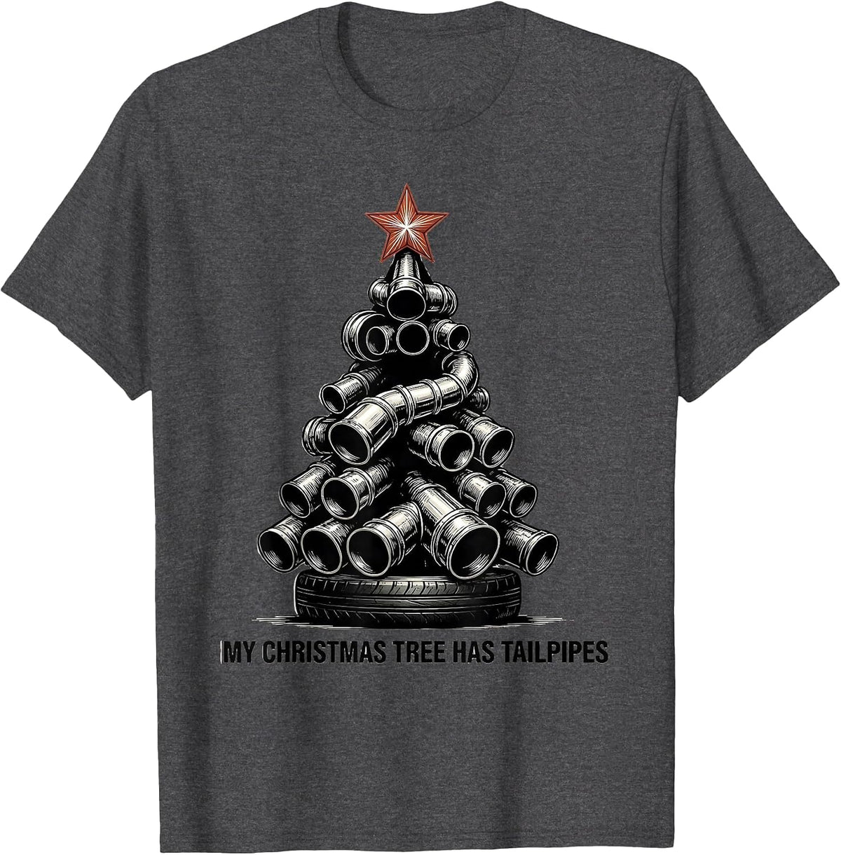 Men's My Christmas Tree Has Tailpipes Funny Muscle Car Racing T-Shirt - Dark Heather Grey