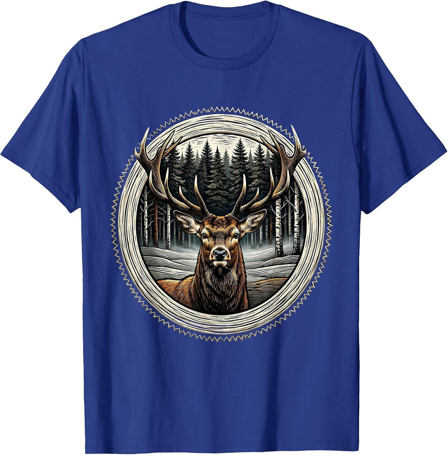 Deer in Foggy Forest Camping Wilderness Design T-Shirt - Royal Blue
