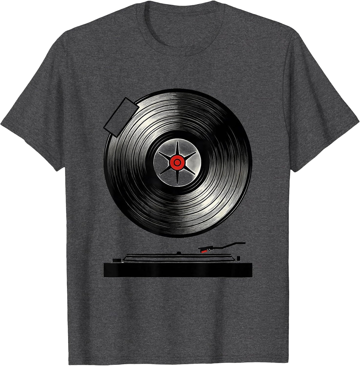 Men's Vinyl Record Turntable Sealed Badge Retro Music Lover T-Shirt - Dark Heather Grey