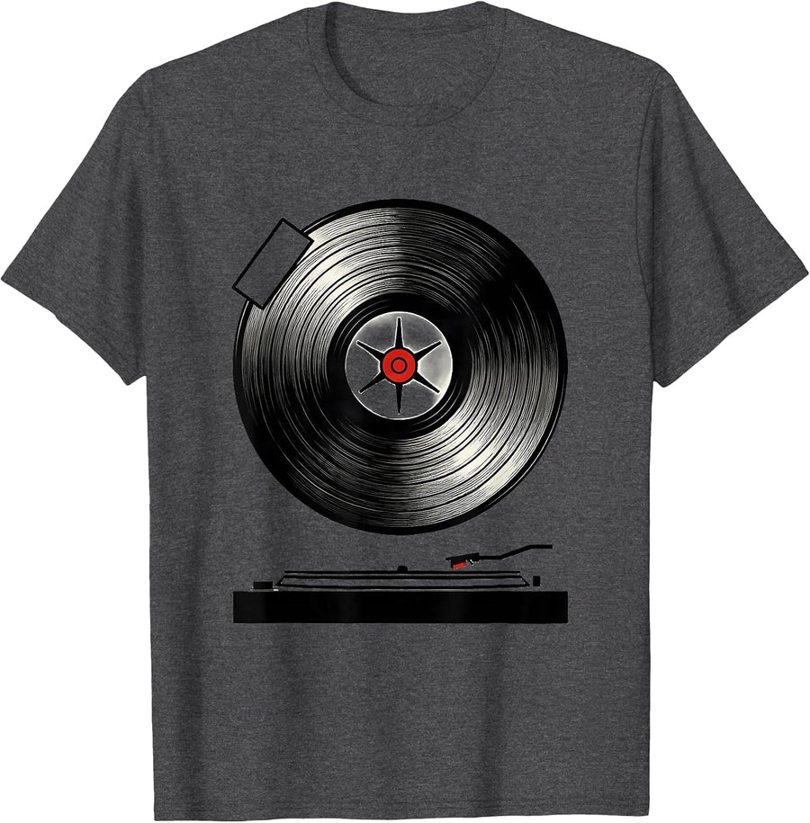 Men's Vinyl Record Turntable Sealed Badge Retro Music Lover T-Shirt - Dark Heather Grey
