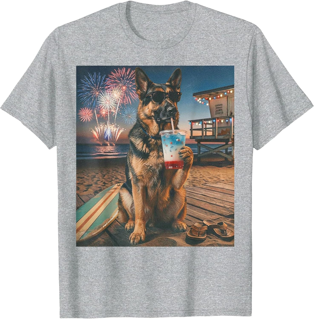 Funny German Shepherd Patriotic Beach Fireworks Dog Art T-Shirt - Heather Grey