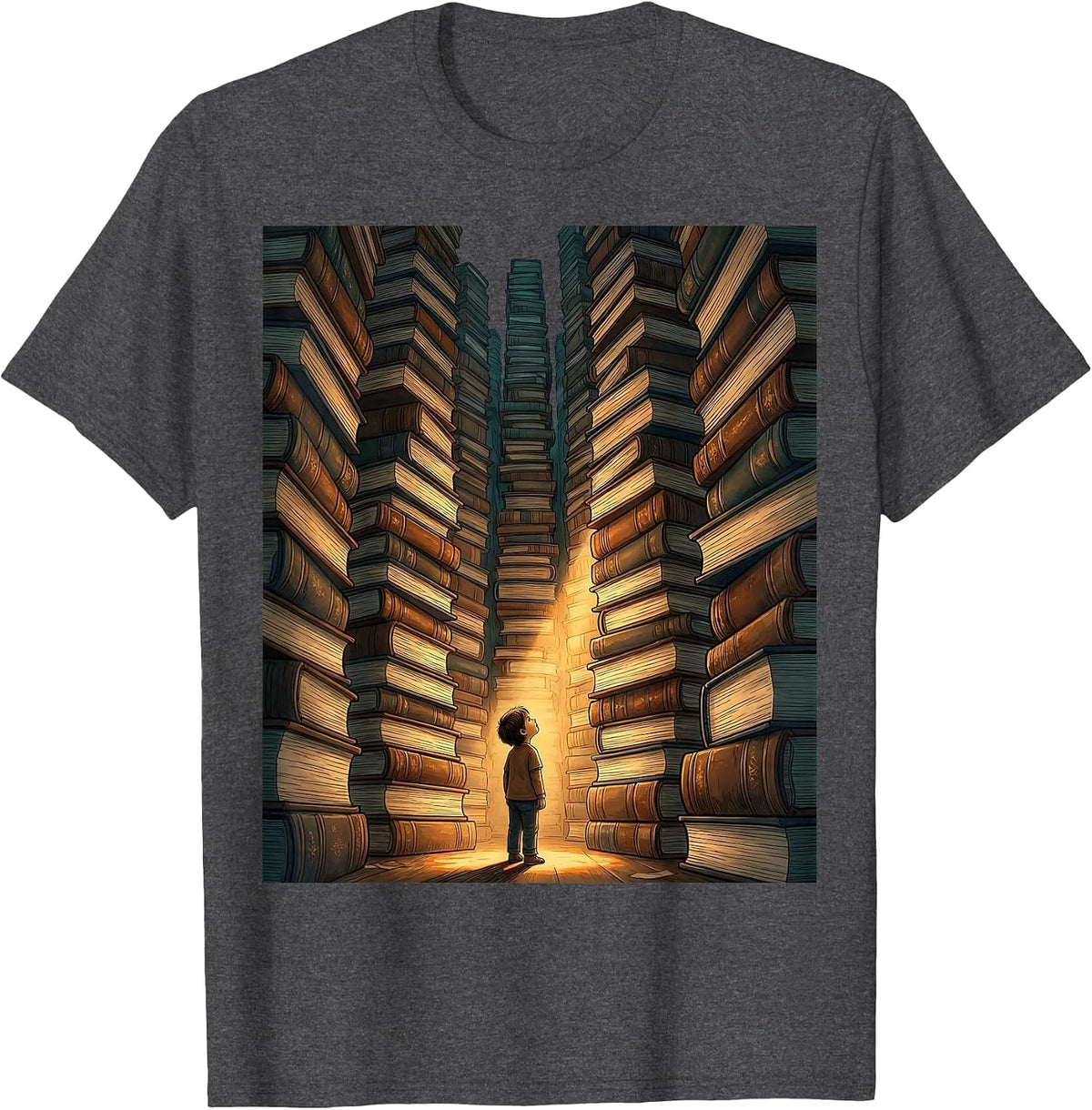 Autism Awareness Small Figure Exploring Giant Library T-Shirt - Dark Heather Grey