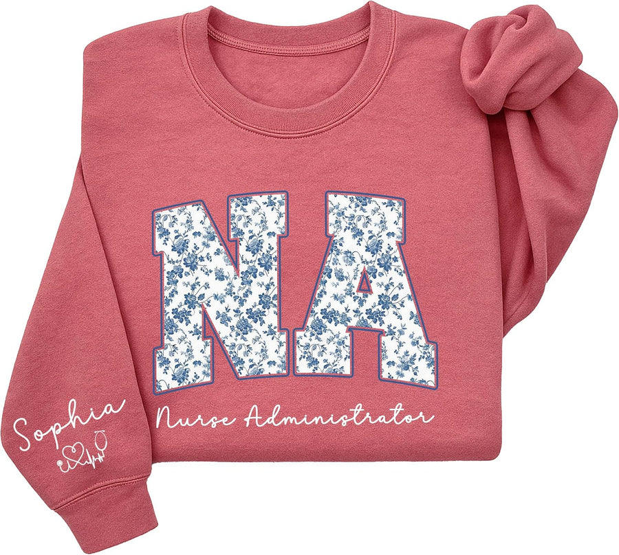 Personalized Nurse Sweatshirt with Floral Letters, Custom Name on Sleeve, Gifts for Medical Staff Uniform - Nurse