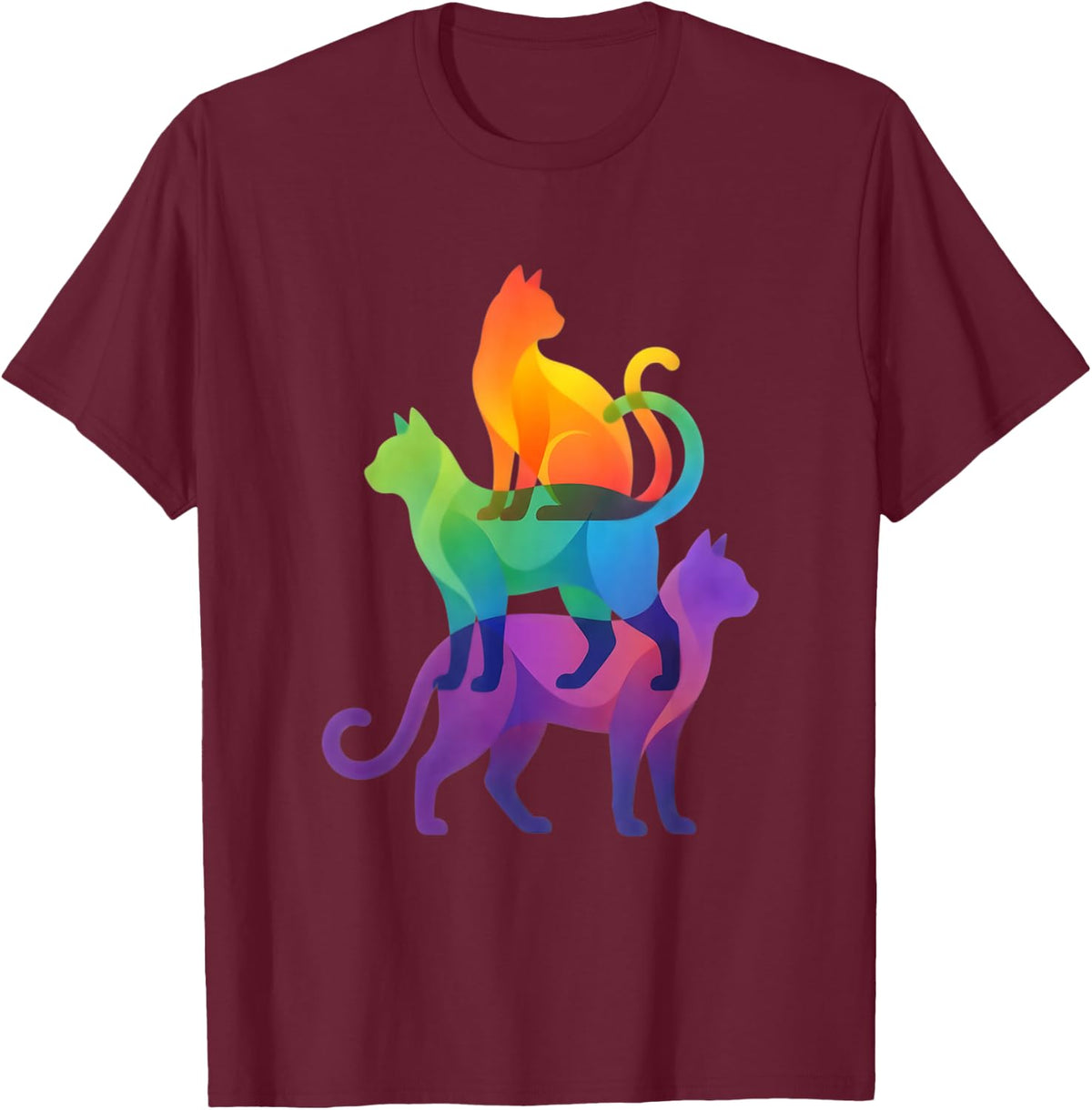 Three Rainbow Cats Silhouette Vibrant Cat Mom Kitten T-Shirt - Burgundy